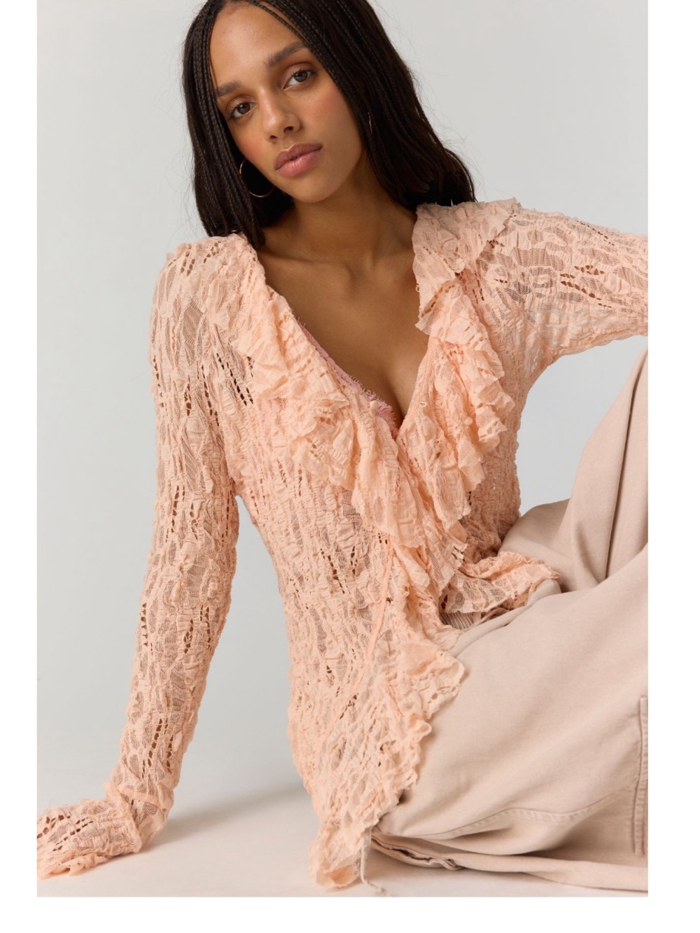 Free People Peach Ruffle Lace V-Neck Blouse Cardigan